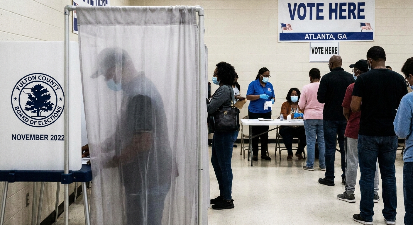 A voter standing inside a private voting booth at a polling place in Atlanta during the November 2022 midterm elections, documentary news photography style