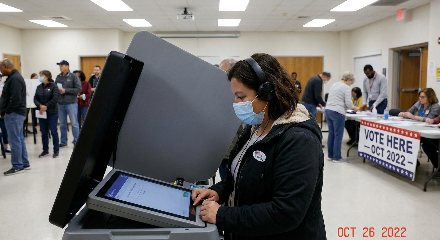 A voter using an accessible voting machine with privacy screen at a polling place in October 2022, documentary news photography style