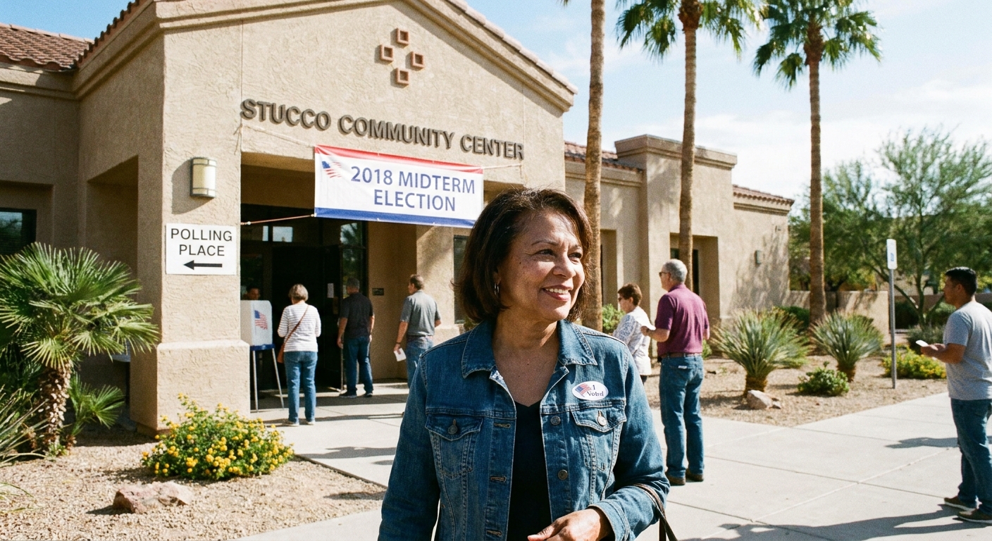 A voter wearing an I Voted sticker walking out of a polling place in Phoenix on Election Day during the November 2018 midterm elections, candid news photo
