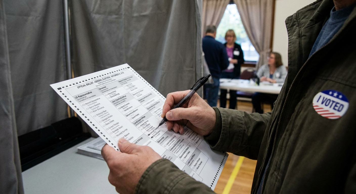 A voter’s hands filling out a paper ballot during the November 2018 midterm election inside a polling booth, news photography style