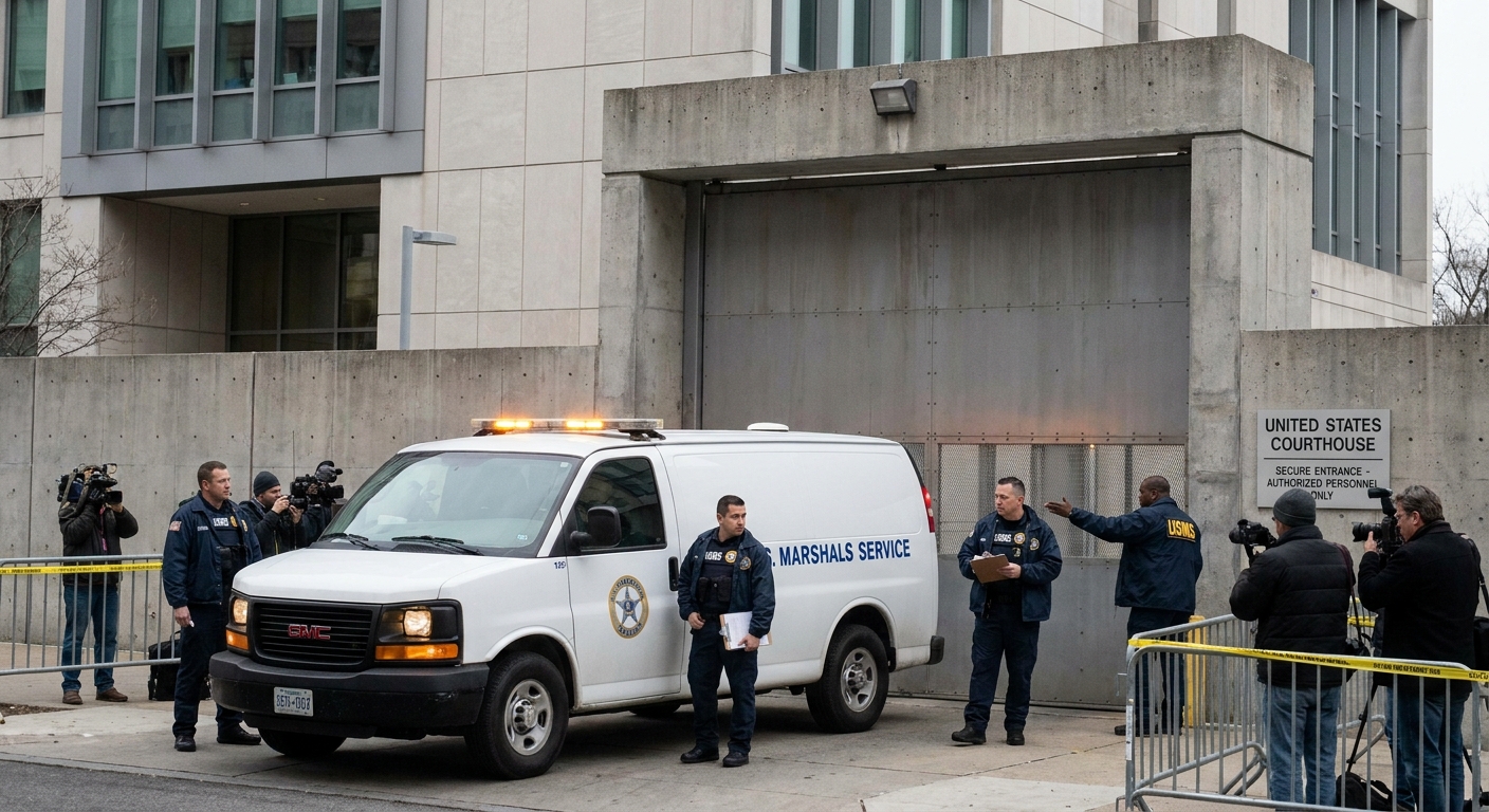 A white U.S. Marshals Service prisoner transport van parked near a secure sally port entrance of a federal courthouse, with deputies nearby, news photography style