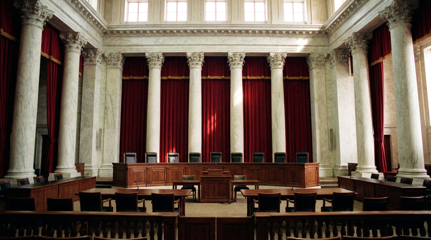 A wide-angle, news-style photograph of the interior of the United States Supreme Court courtroom with the bench, columns, and empty counsel tables visible