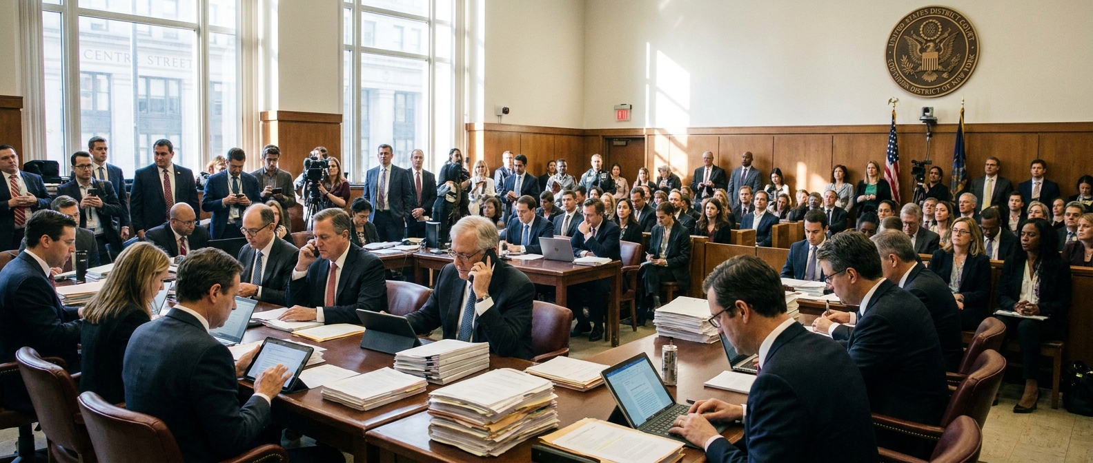 A wide angle photograph inside a federal courtroom in Manhattan showing the defense table with attorneys reviewing documents before a hearing, news photography style