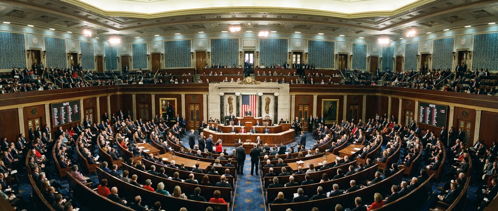 A wide-angle photograph inside the U.S. House of Representatives chamber with members seated during a vote, taken from the public gallery