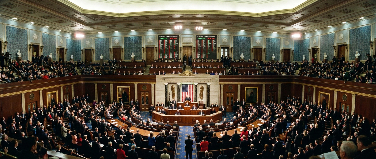 A wide-angle photograph of the U.S. House of Representatives chamber with the electronic vote board lit during an appropriations vote in Washington, DC