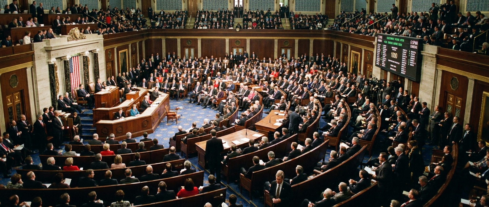 A wide-angle real photograph of the U.S. House of Representatives chamber during a session, with members seated and the rostrum visible, news photography style