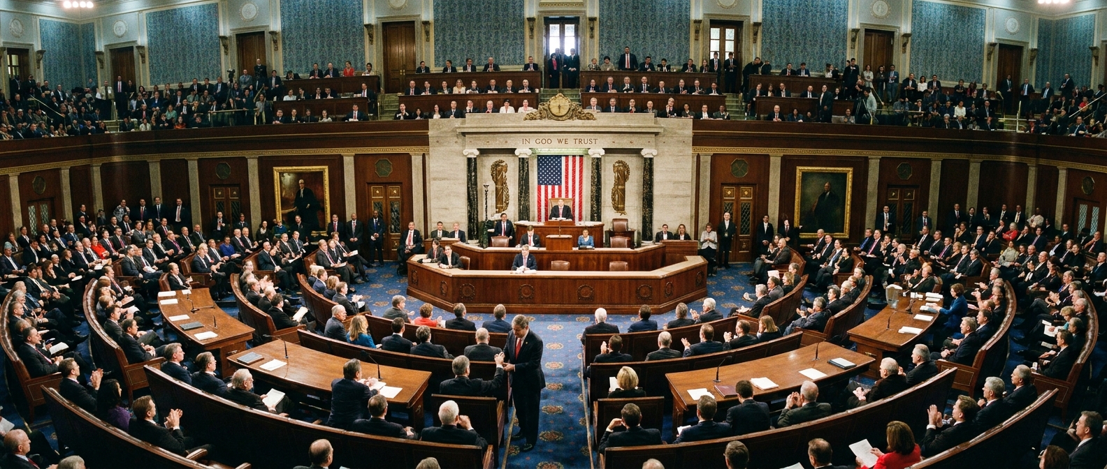 A wide-angle real photograph of the U.S. House of Representatives chamber during a session, with members seated and the dais visible in the background