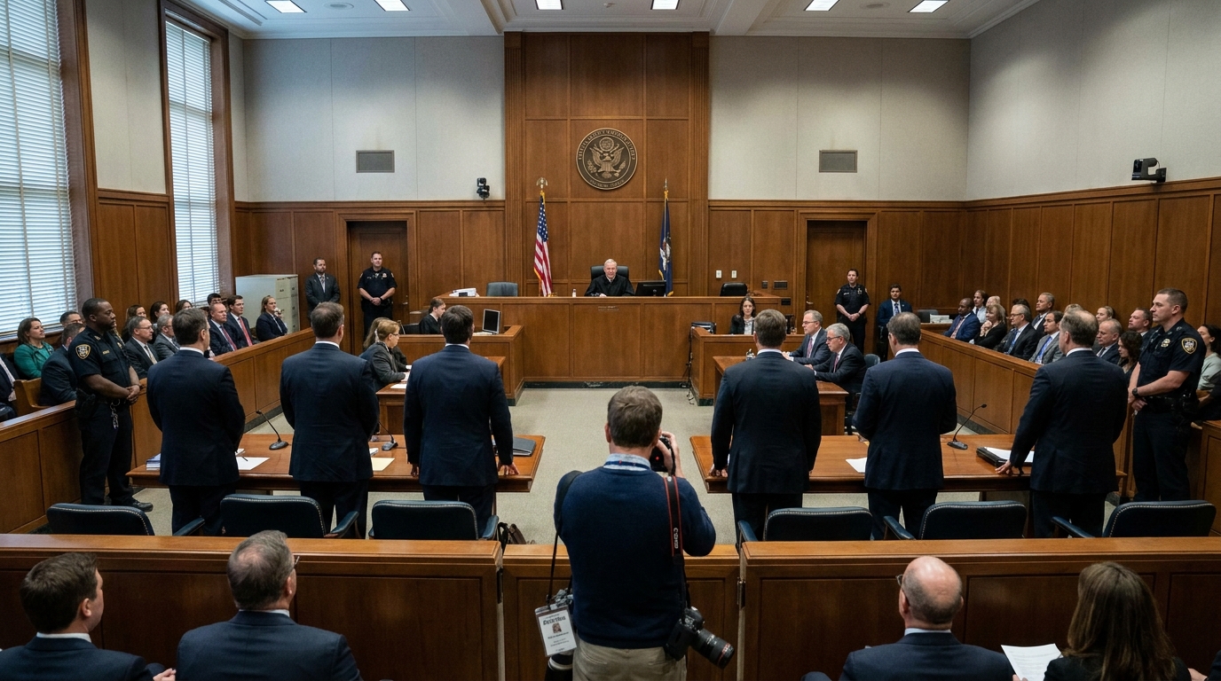 A wide-angle view inside a United States District Court courtroom during a hearing with attorneys standing at counsel table, news photography style