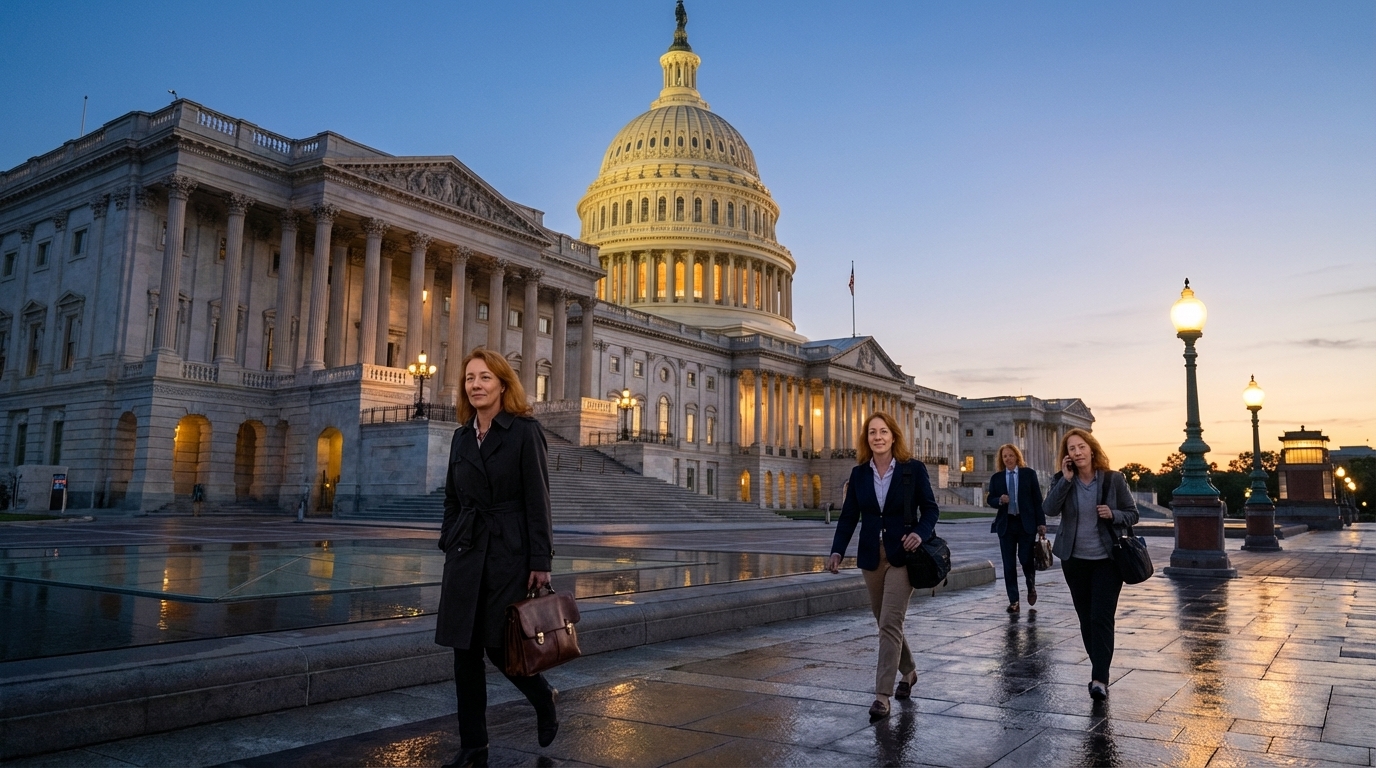 A wide, photorealistic news-style photograph of the United States Capitol building at dusk with soft evening light and a few people walking on the grounds