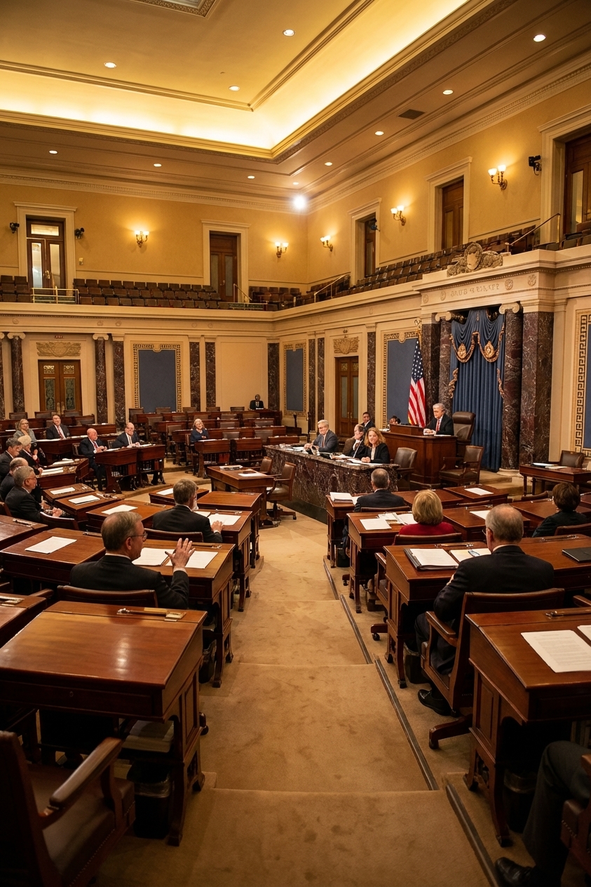 A wide, photorealistic view of the United States Senate chamber from the gallery, showing senators' desks, the central aisle, and the presiding officer's dais under warm indoor lighting, news photography style