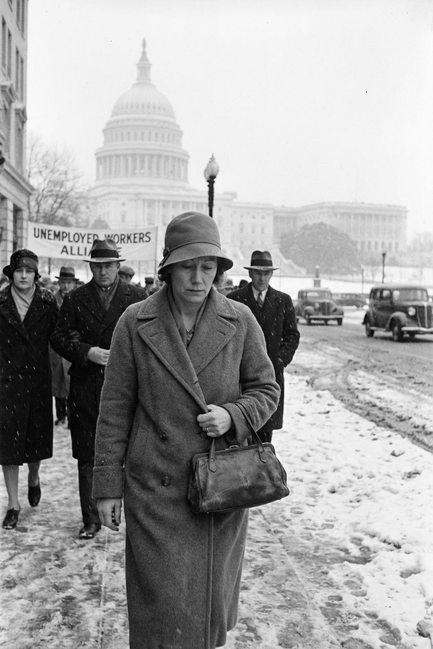 A winter street scene near federal government buildings in Washington, D.C., during the Great Depression era, with pedestrians in heavy coats and a somber atmosphere, news photography style