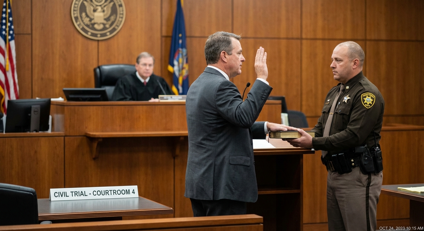 A witness raising a hand to be sworn in while standing in a courtroom during a civil trial, with the judge’s bench out of focus in the background, realistic news photography style