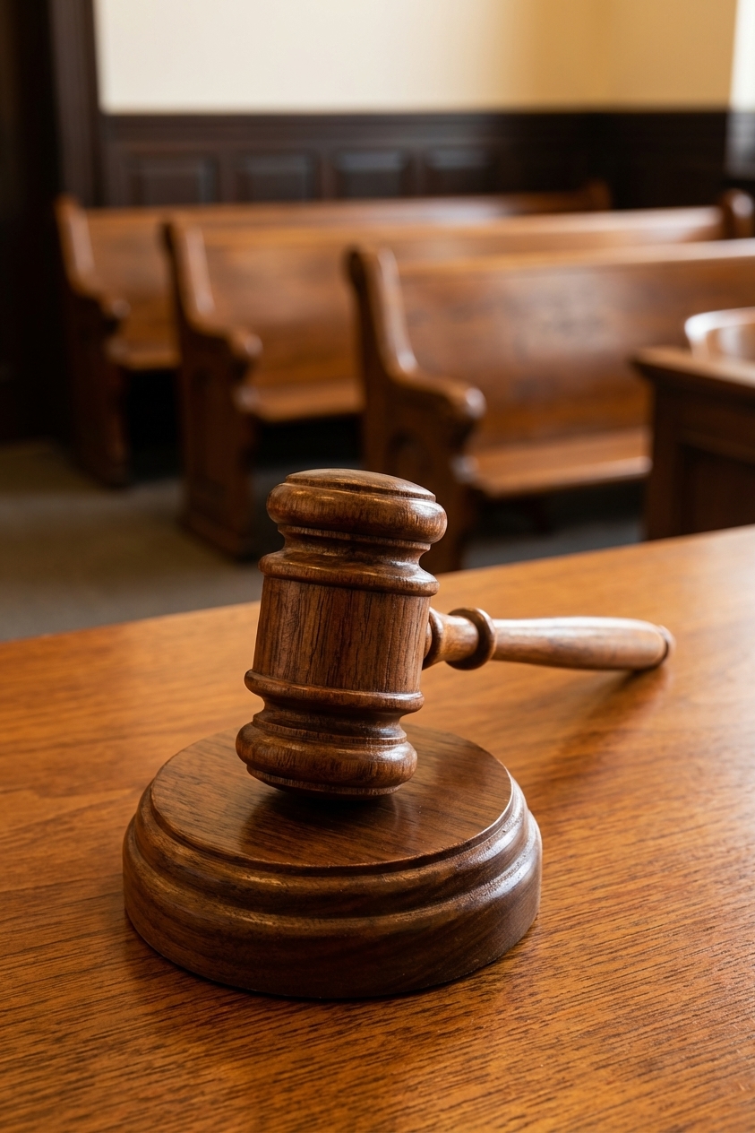A wooden judge's gavel resting on a desk with blurred courtroom seating in the background, shallow depth of field, realistic photography
