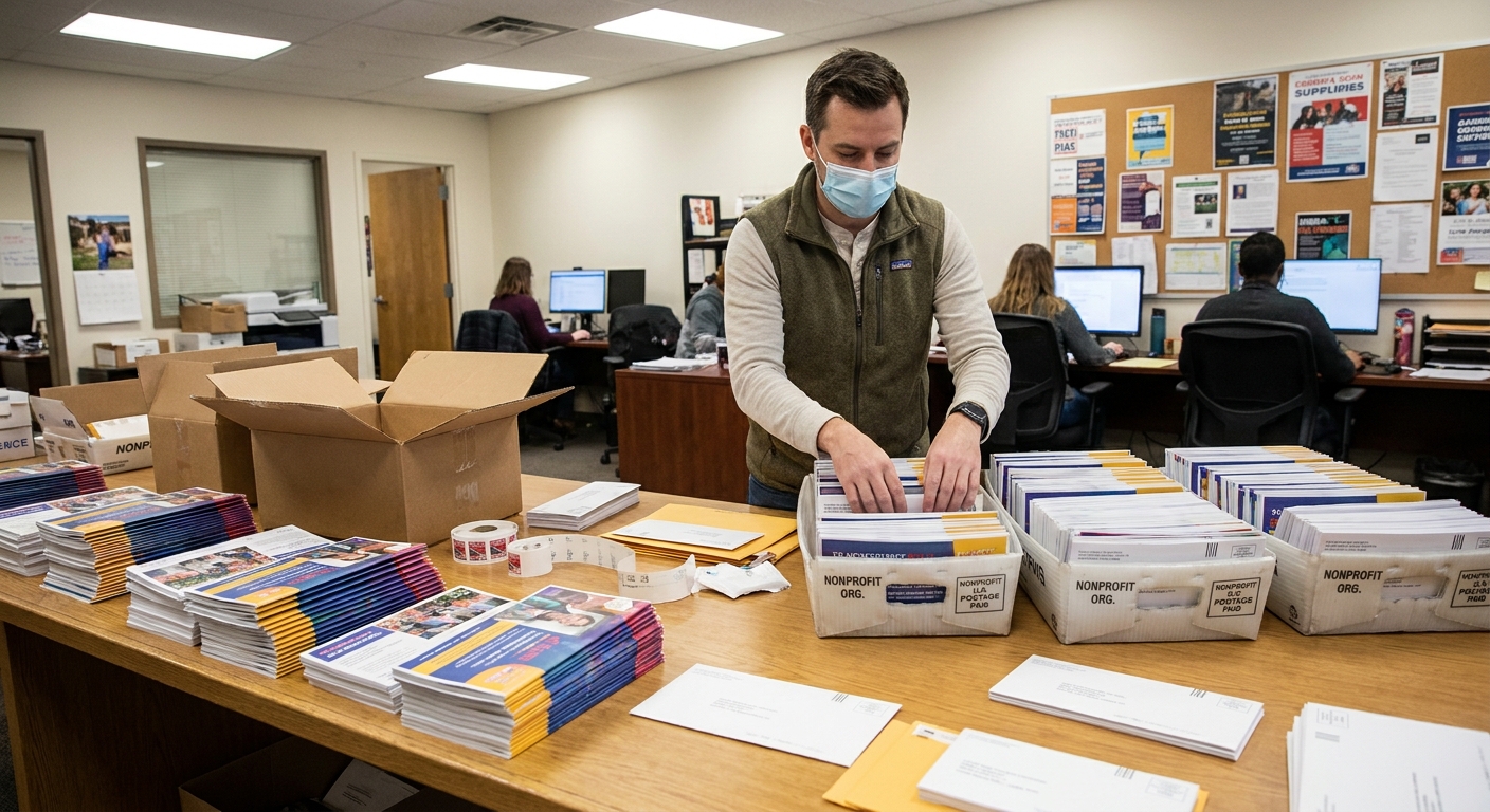 A worker in a nonprofit office sorting stacks of political mailers on a table with envelopes and postage trays, news photography style