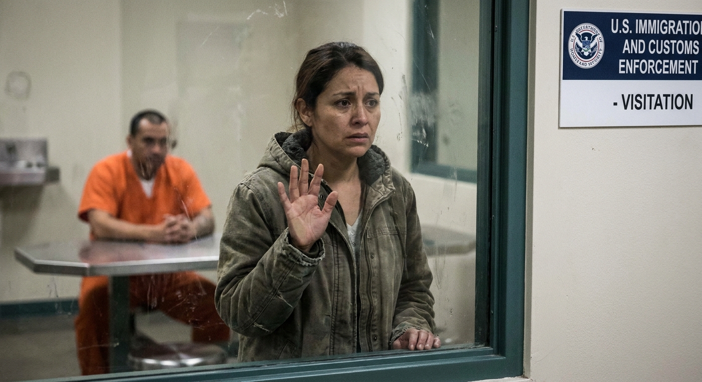 A worried family member speaking through a glass visitation window at an ICE detention facility, documentary news photography style