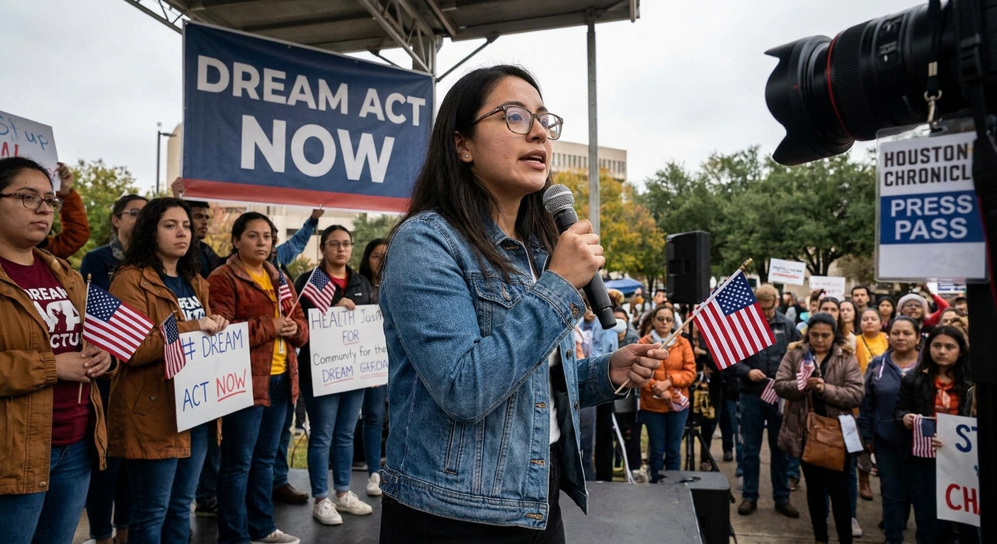A young adult DACA recipient speaking into a handheld microphone at an outdoor rally in Houston, Texas in October 2022, with supporters standing nearby holding small American flags, news photography style