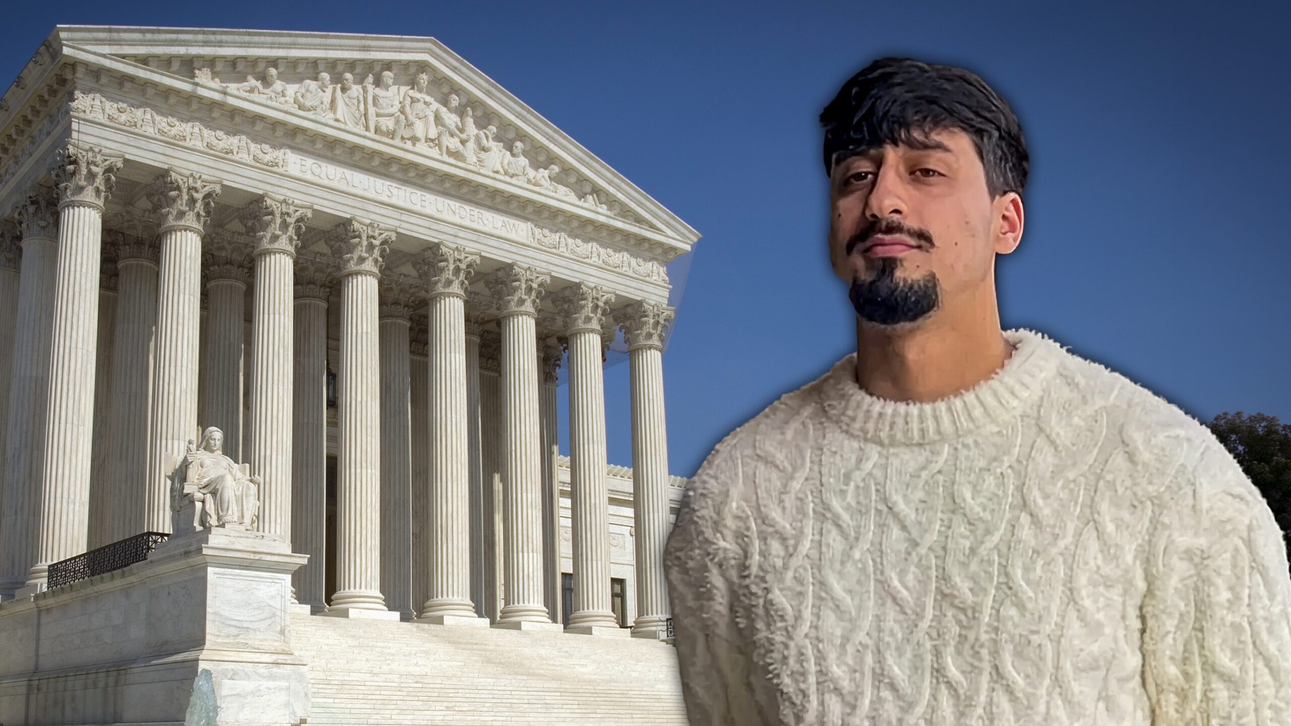Ali Hemani standing outside a federal courthouse, candid news photography style, wearing everyday clothing with a calm expression