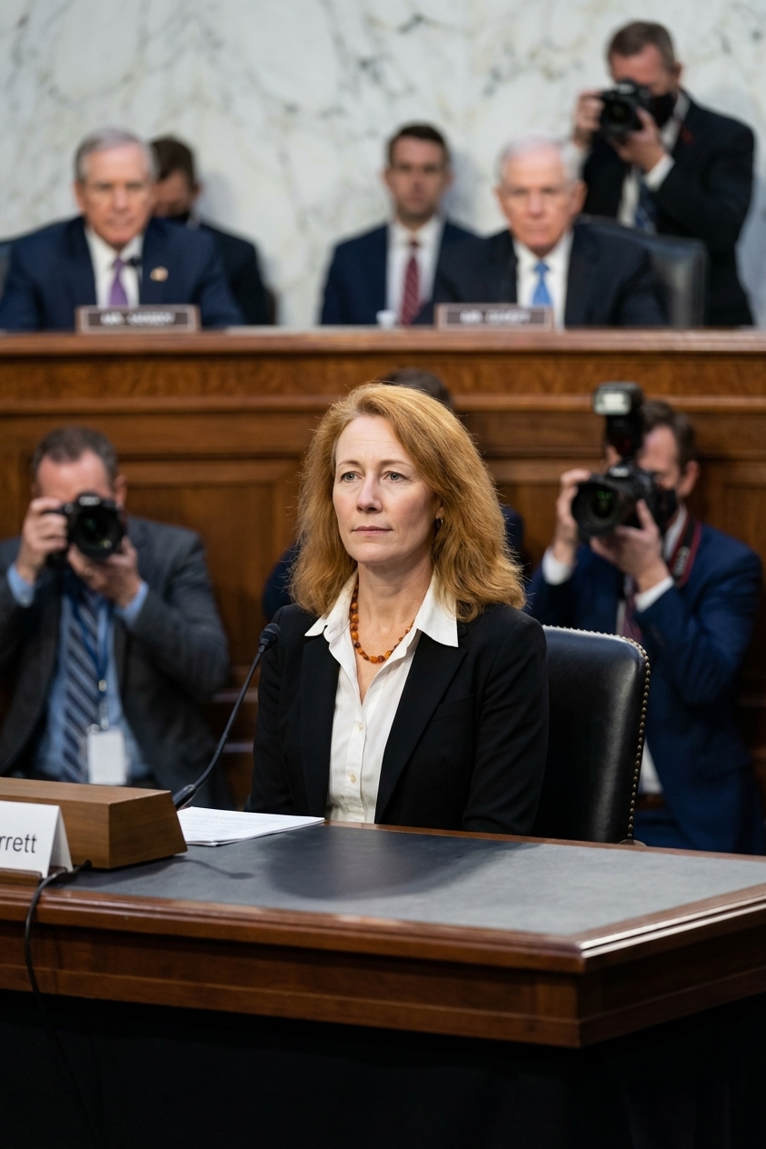 Amy Coney Barrett seated at a witness table during her 2020 Senate confirmation hearing, with senators visible in the background, news photography style