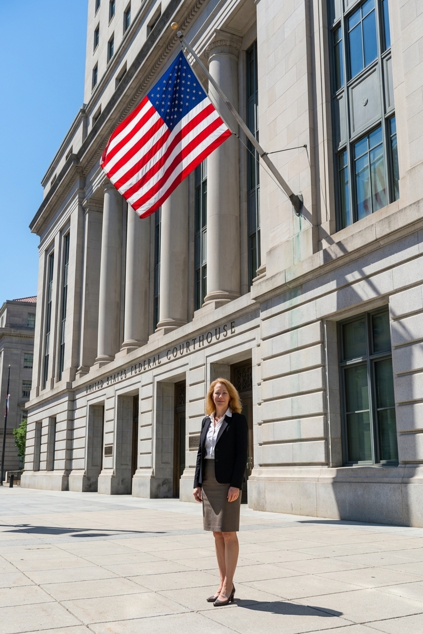 An American flag flying outside a federal courthouse on a clear day, straight-on street-level photograph