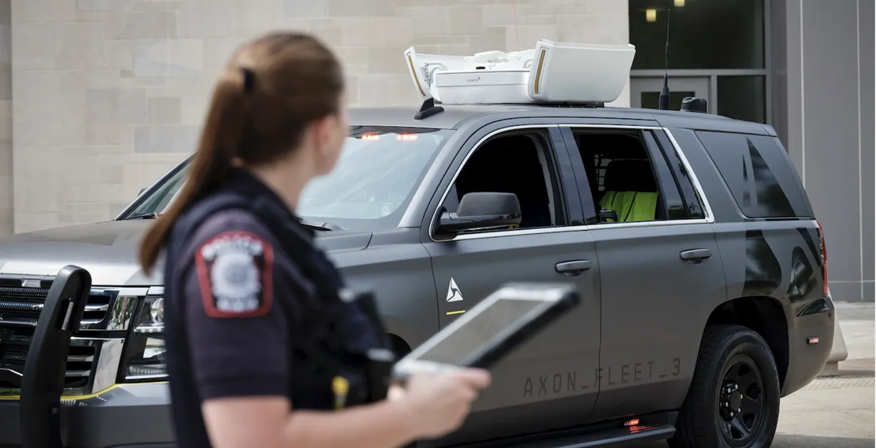 An Axon Fleet 3 camera unit mounted on the roof of a police vehicle