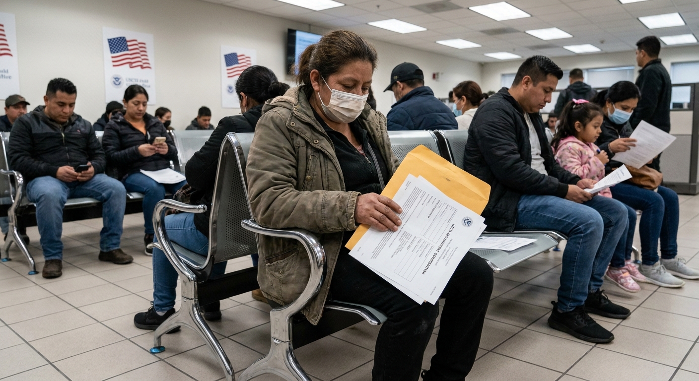 An adult applicant sitting in a waiting area at a USCIS field office with immigration appointment paperwork in hand, documentary news photography style