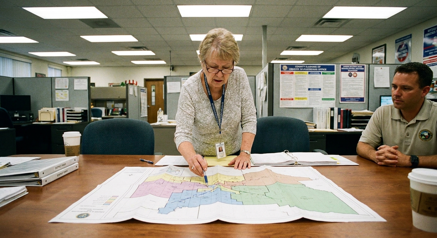 An election administration staff member reviewing a large printed district map on a conference table inside a county elections office, candid documentary photography style