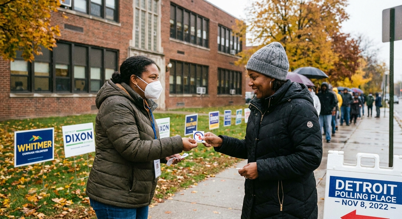 An election volunteer hands an 'I Voted' sticker to a voter outside a polling place in Detroit, Michigan during the November 2022 midterm elections