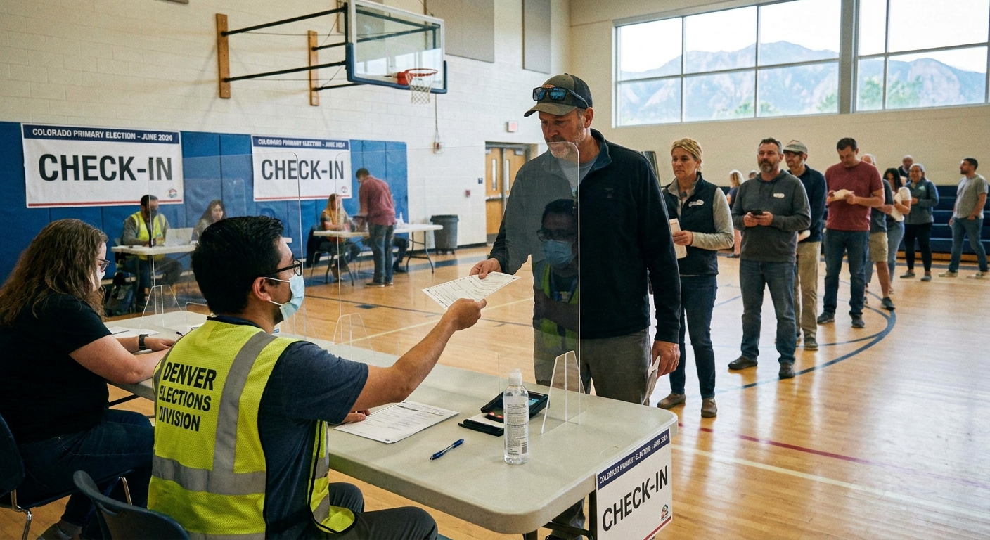 An election worker handing a paper ballot to a voter at a check-in table during a primary election in Denver, Colorado, news photography style