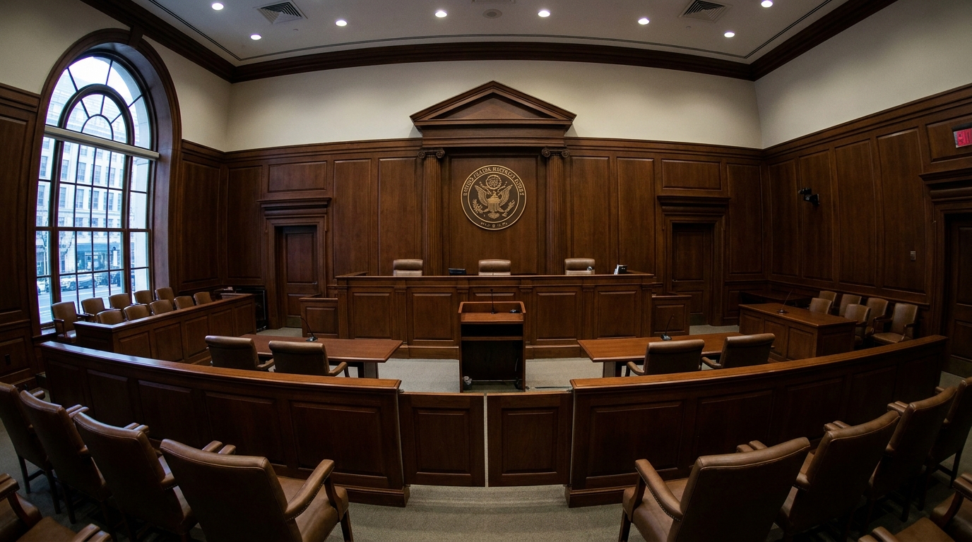 An empty federal courtroom with the judge’s bench and seal visible, wide-angle news photography style