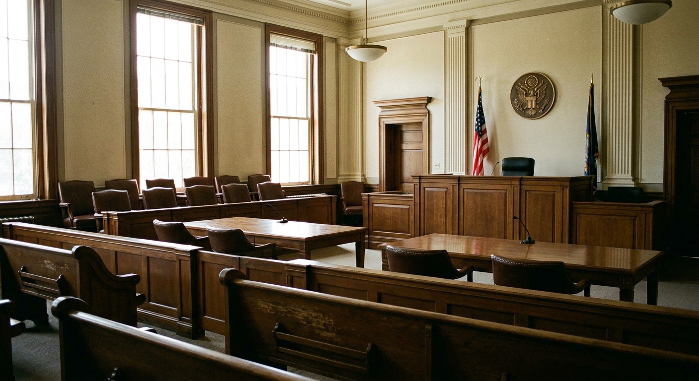 An empty federal courtroom with the jury box and counsel tables visible, quiet and orderly, documentary style photograph
