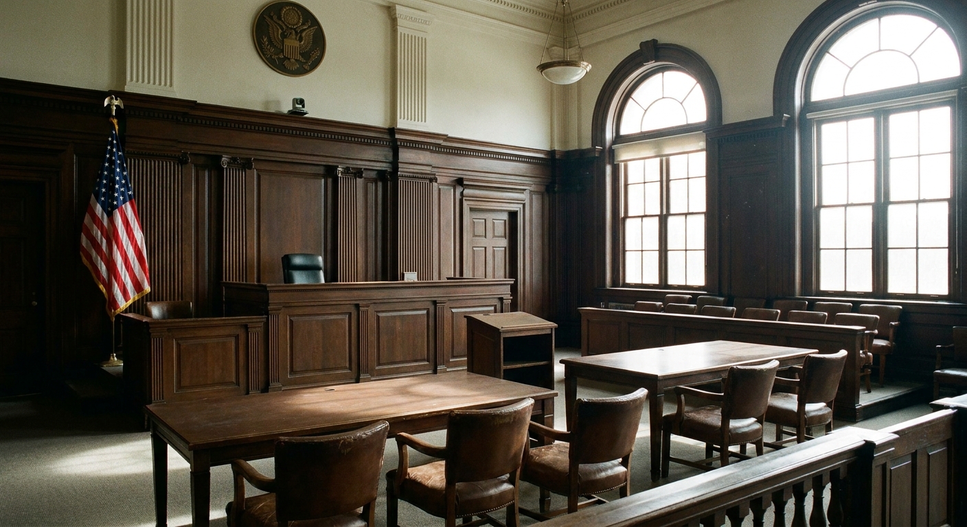 An empty federal district court courtroom with the judge's bench, counsel tables, and American flag visible, photographed in natural light