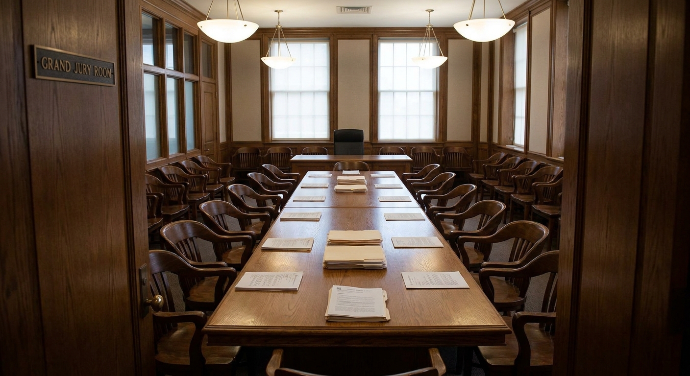 An empty grand jury room with wooden chairs arranged around a long table, papers neatly stacked, and soft overhead lighting, news photography style