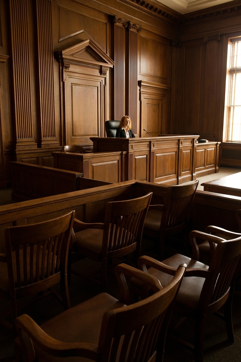 An empty jury box in a federal courtroom with the judge's bench in the background, quiet interior courthouse photography