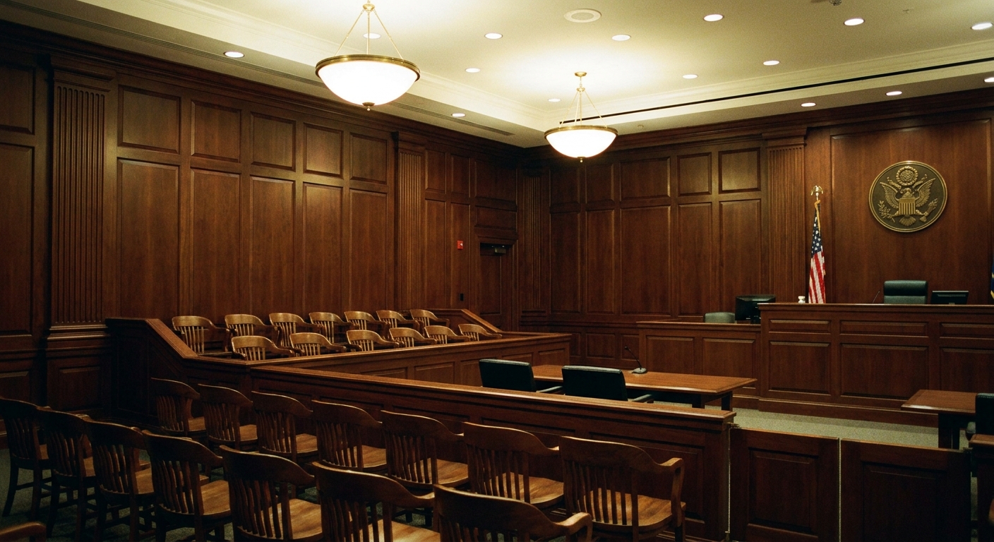 An empty jury box inside a federal courtroom with wood paneling and soft overhead lighting
