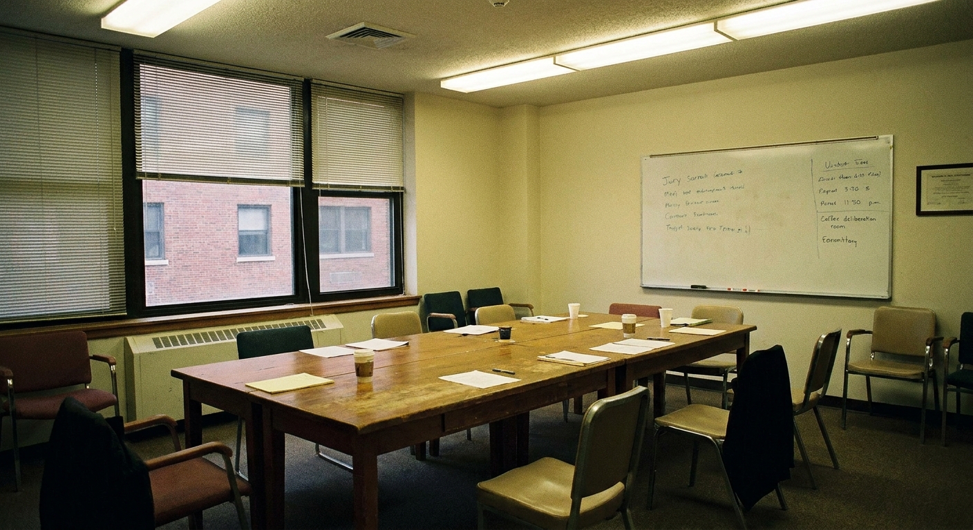 An empty jury deliberation room with a long table, chairs, and soft overhead lighting, documentary news photo style
