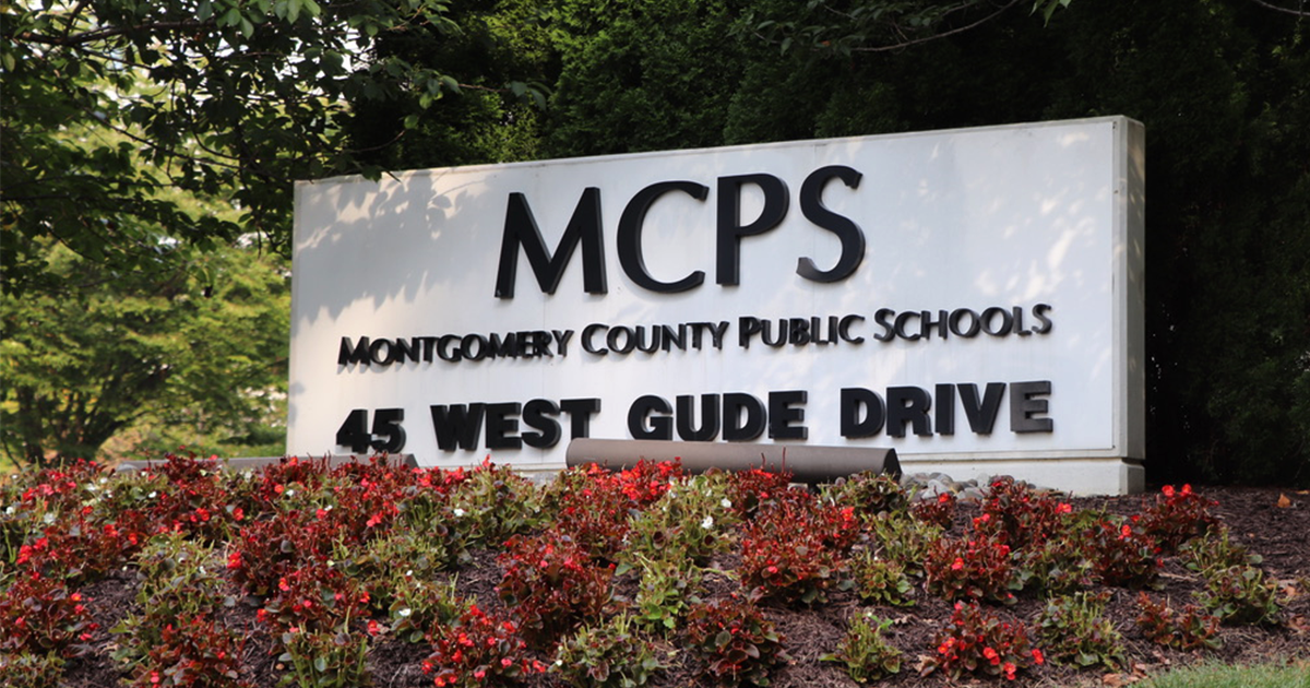 An exterior photo of a Montgomery County Public Schools sign or administrative building in Montgomery County, Maryland