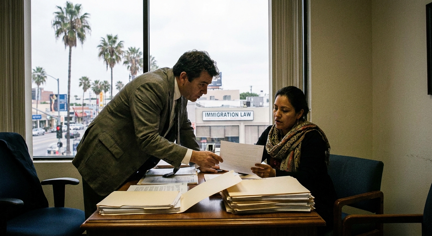An immigration attorney meeting with a client at a desk in Los Angeles, with paperwork spread out and a serious, focused conversation in progress, candid photojournalism style