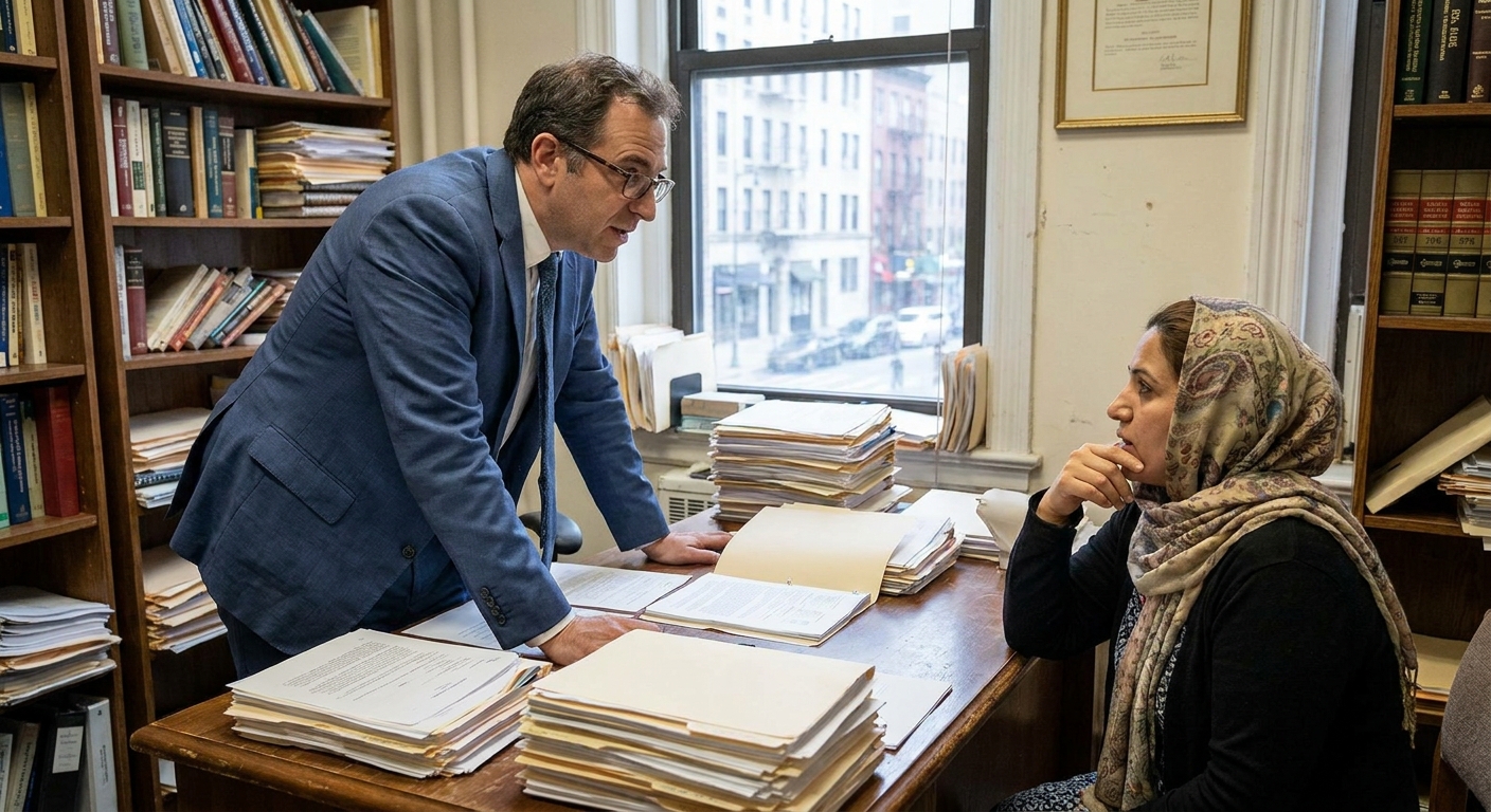 An immigration attorney speaking with a client at a desk in an office, with papers spread out, candid documentary photography