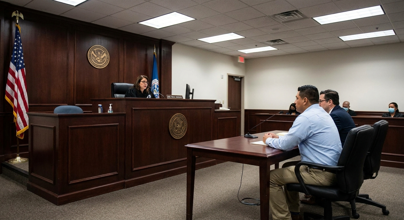 An immigration courtroom with a judge seated at the bench and a detained respondent seated at counsel table, formal government interior, realistic news photo style