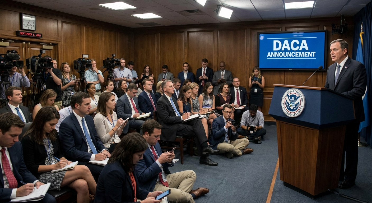An indoor press briefing in Washington, DC in September 2017 where an official speaks at a podium about an immigration policy decision, news photography style