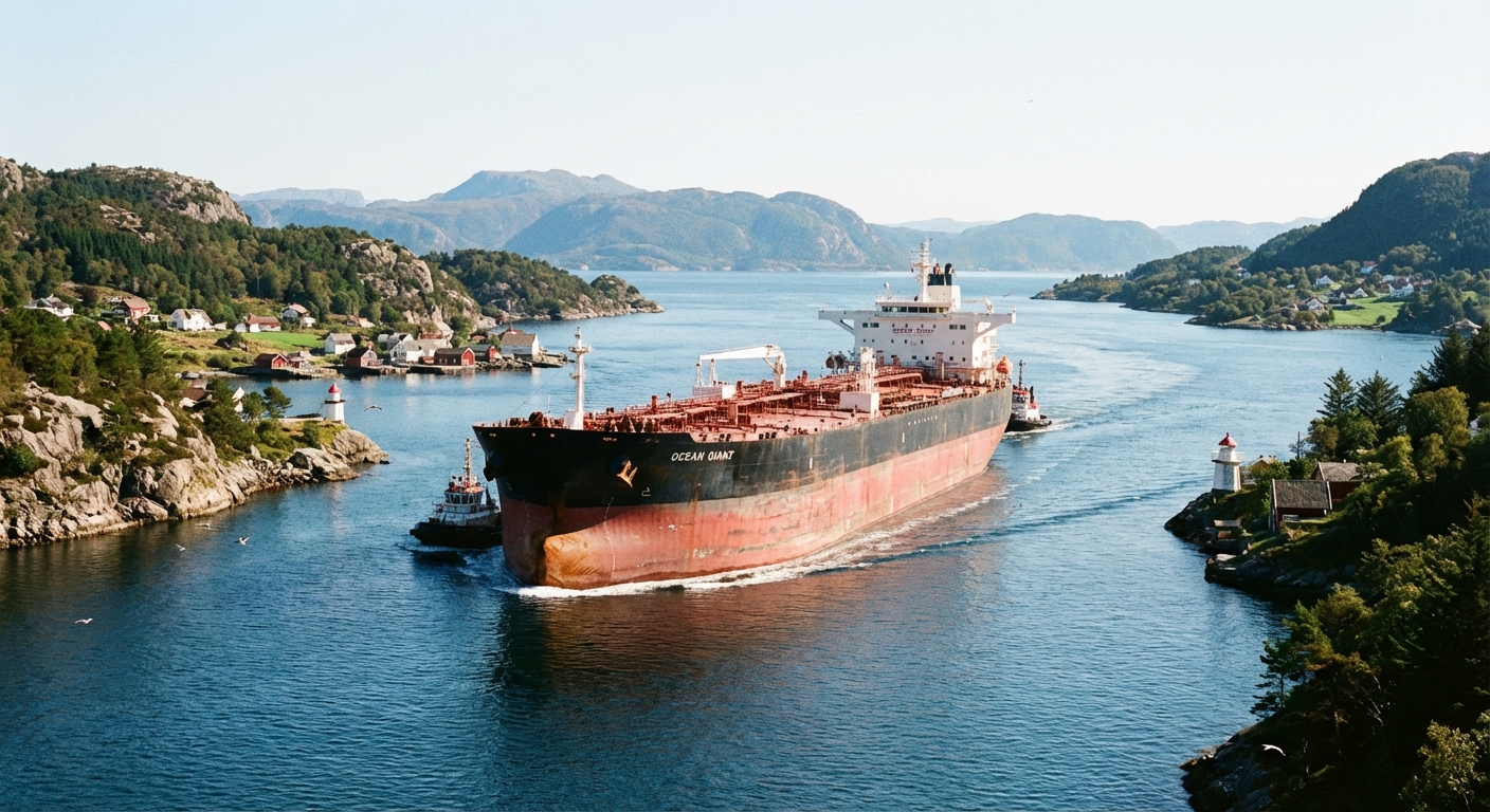 An oil tanker moving through a narrow maritime strait with distant coastline visible under clear daylight