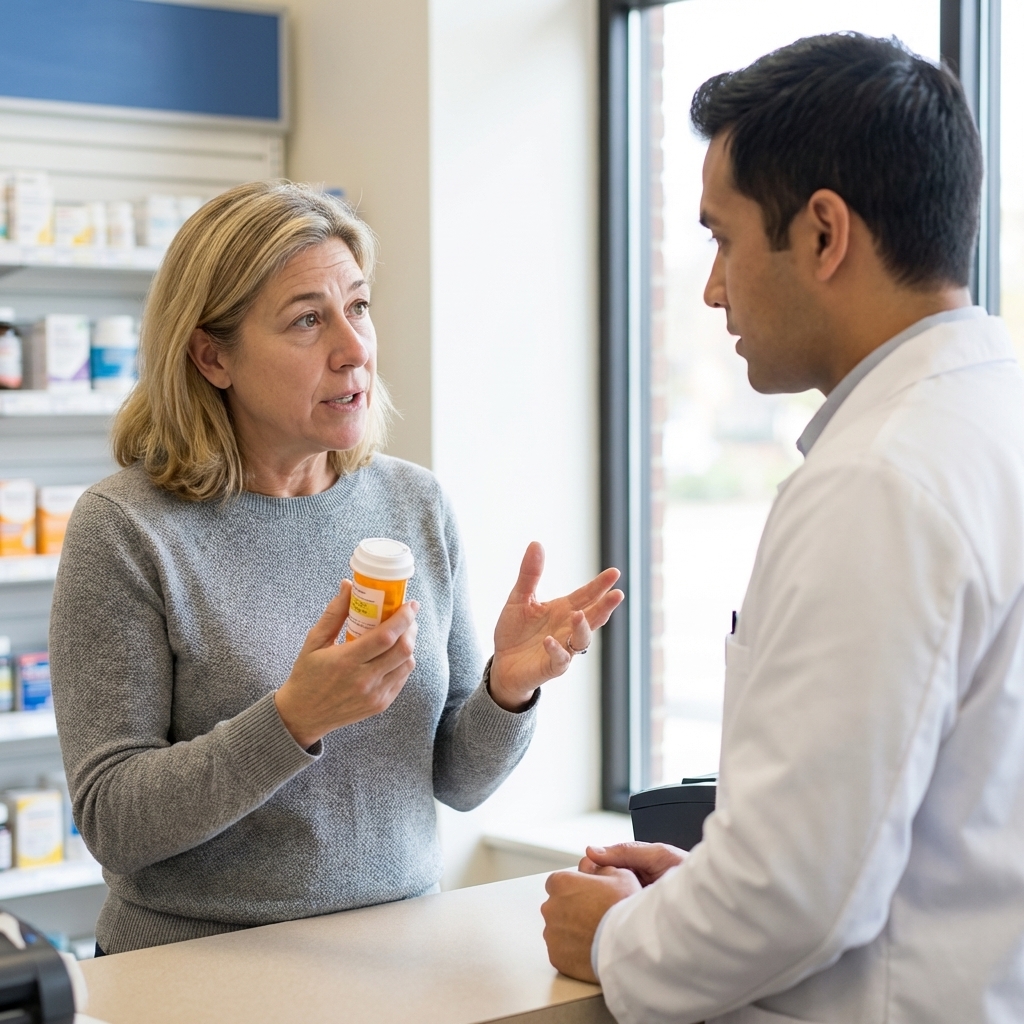 An older adult holding a prescription bottle while speaking with a pharmacist across a pharmacy counter, candid news photography style