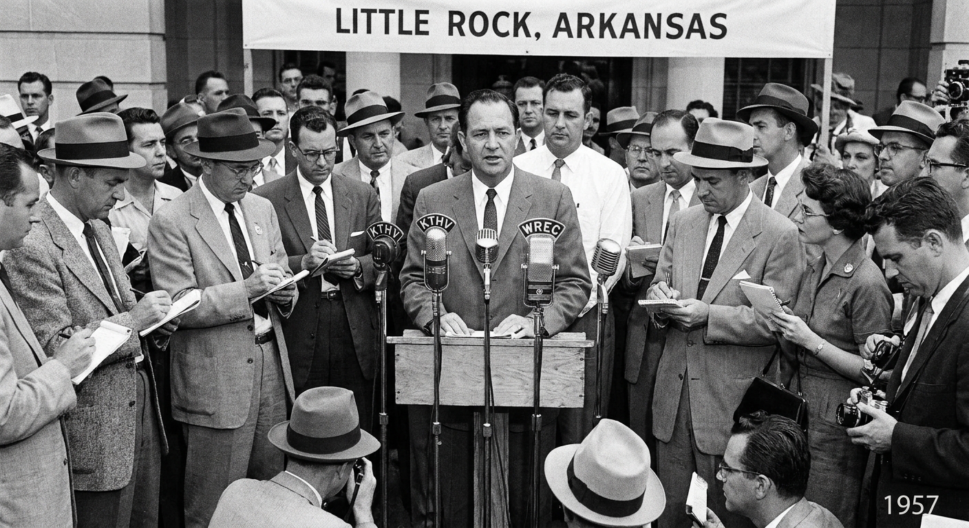 Arkansas Governor Orval Faubus speaking at a 1957 press conference in Little Rock, with microphones in front of him and reporters nearby, historical news photo style