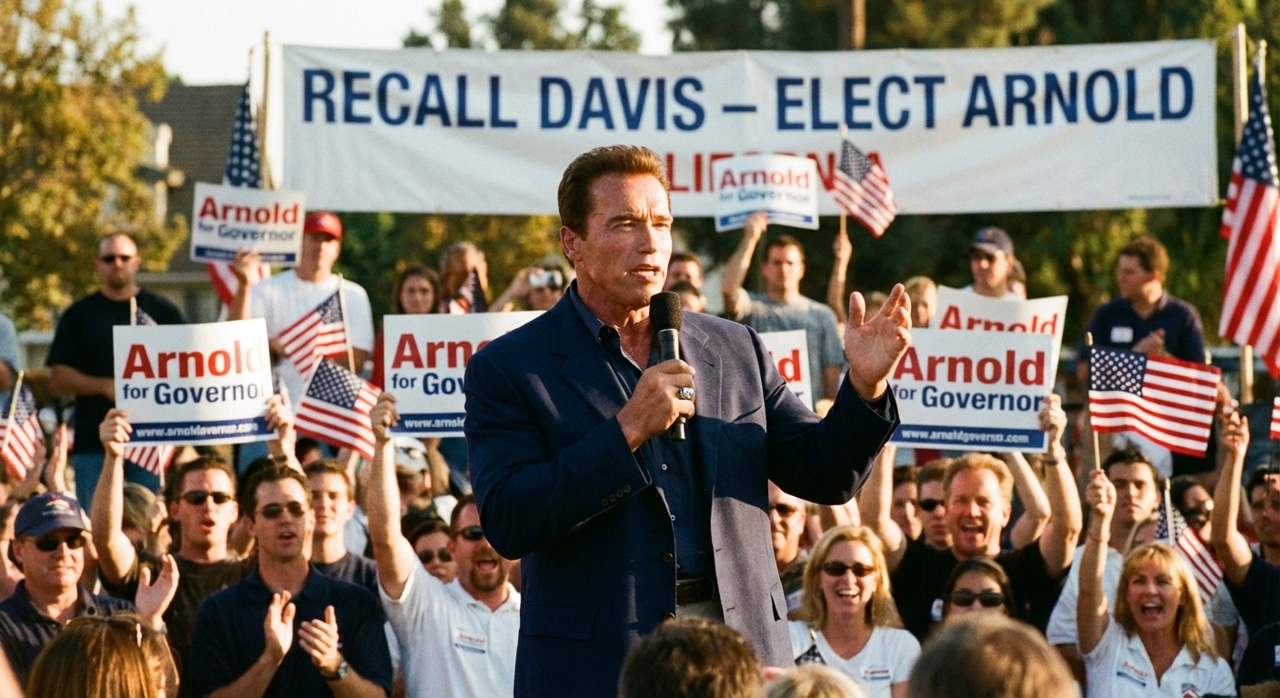 Arnold Schwarzenegger speaking to supporters at a campaign rally during the October 2003 California gubernatorial recall election, news photography style