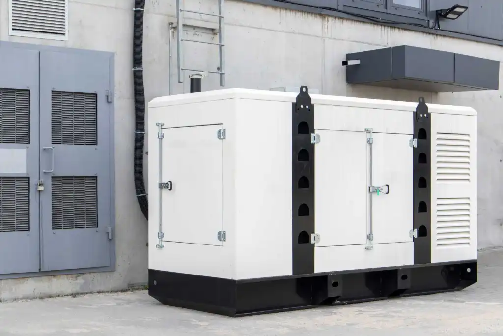 Backup generators and fuel tanks at a data center site, visible behind a perimeter fence