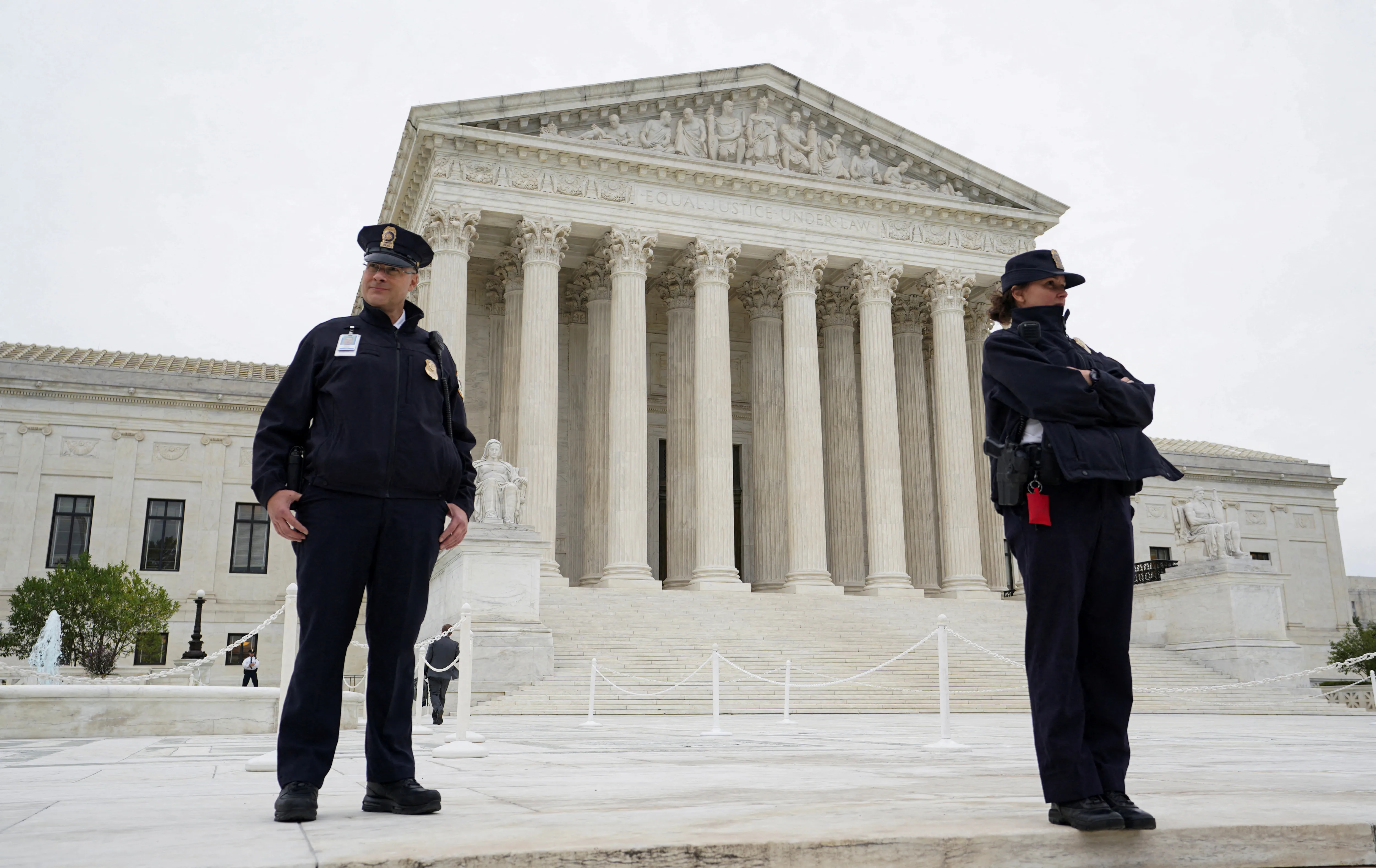 Barricades and police presence outside the United States Supreme Court building during a high-profile day of court activity