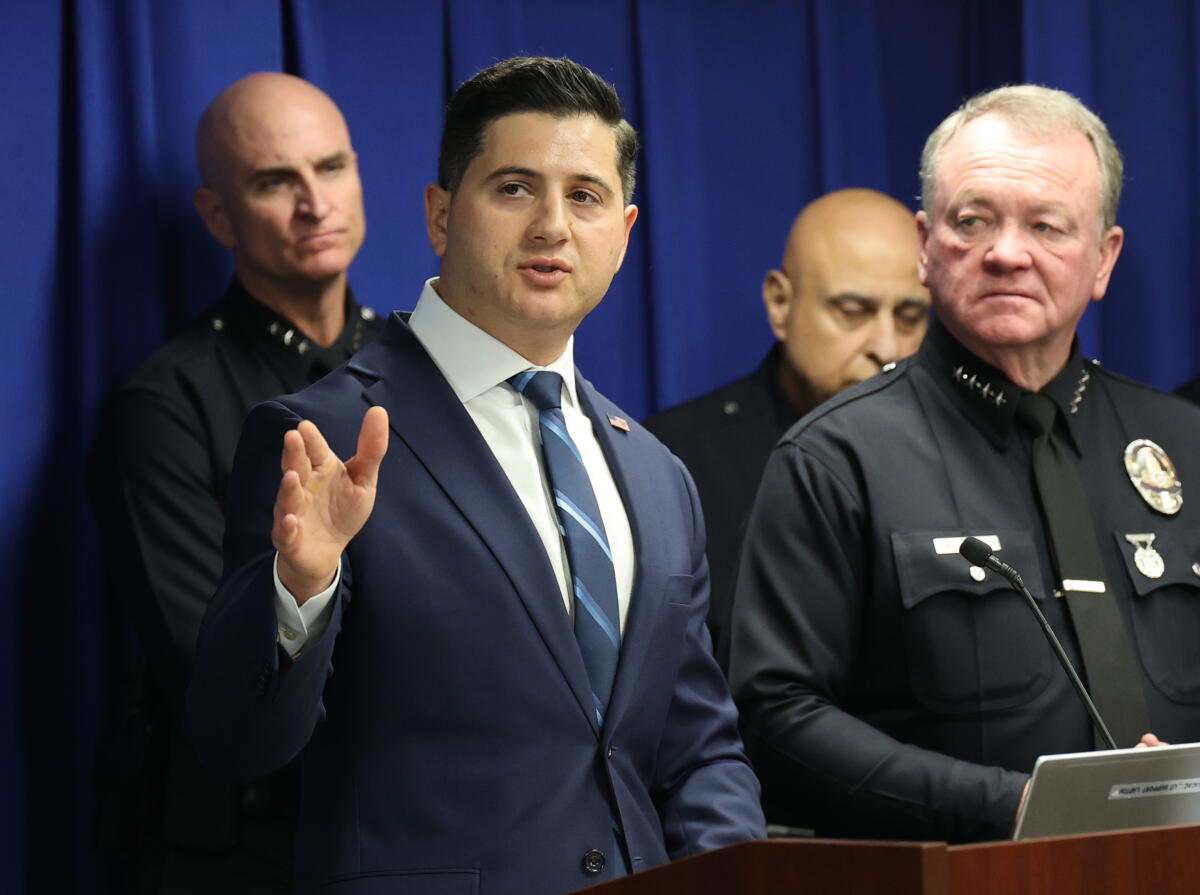 Bill Essayli speaking during a news conference at the Spring Street Courthouse in Los Angeles on Aug. 13, 2026