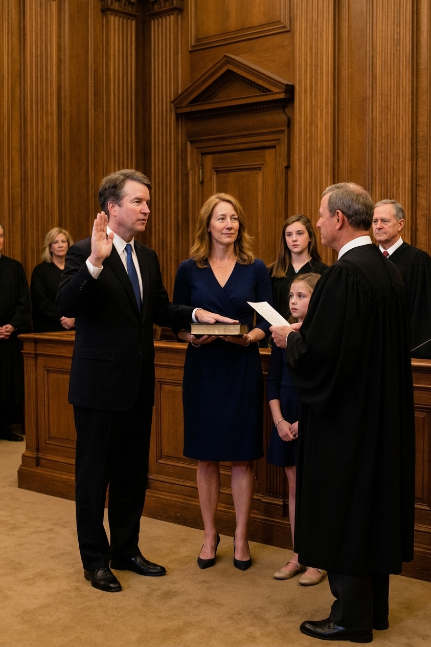 Brett Kavanaugh standing with his right hand raised while taking the Supreme Court oath in October 2018, with family and officials nearby, indoor ceremony photography style