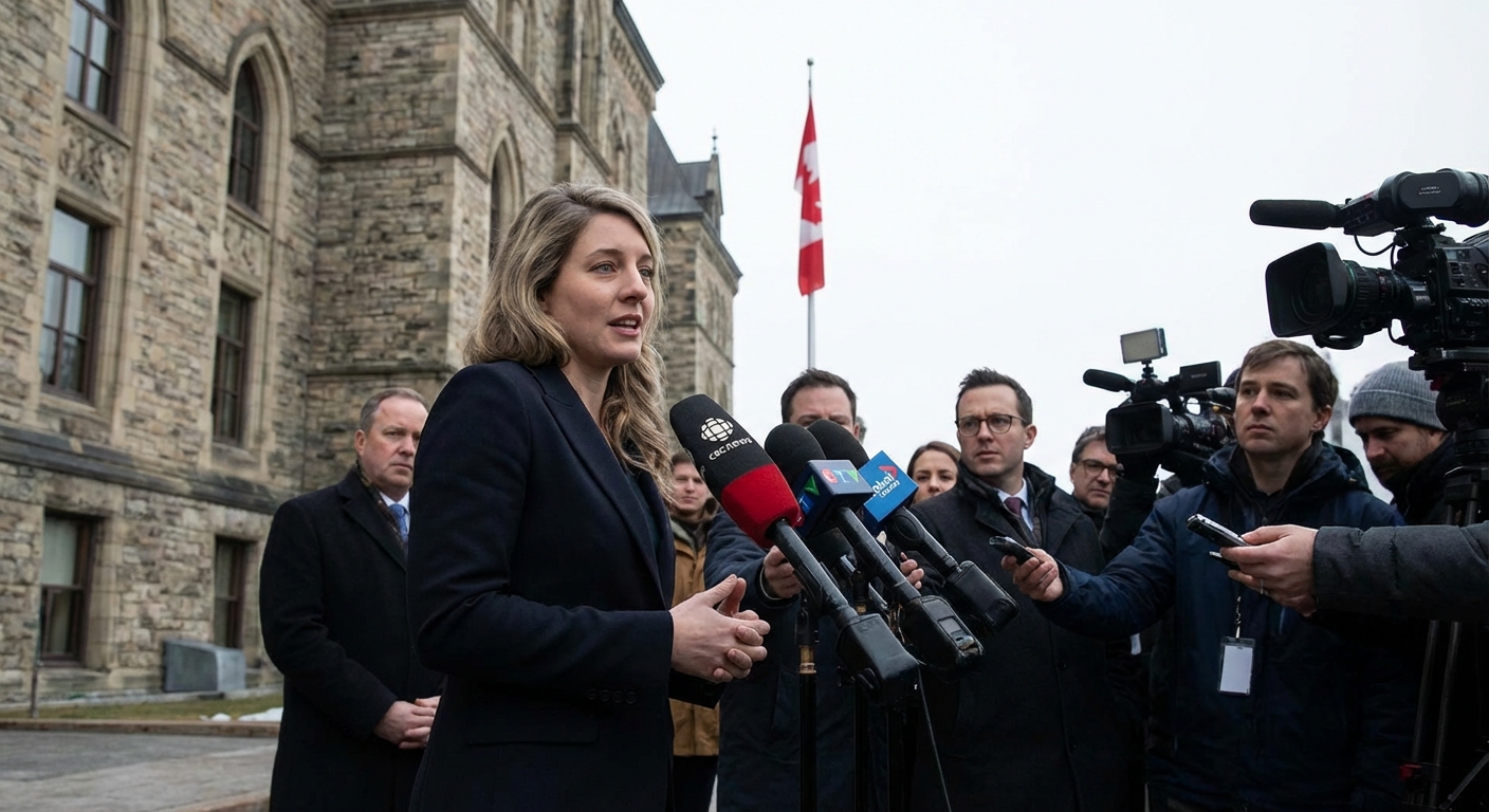 Canada’s foreign minister speaking to reporters outside a government building with microphones in front
