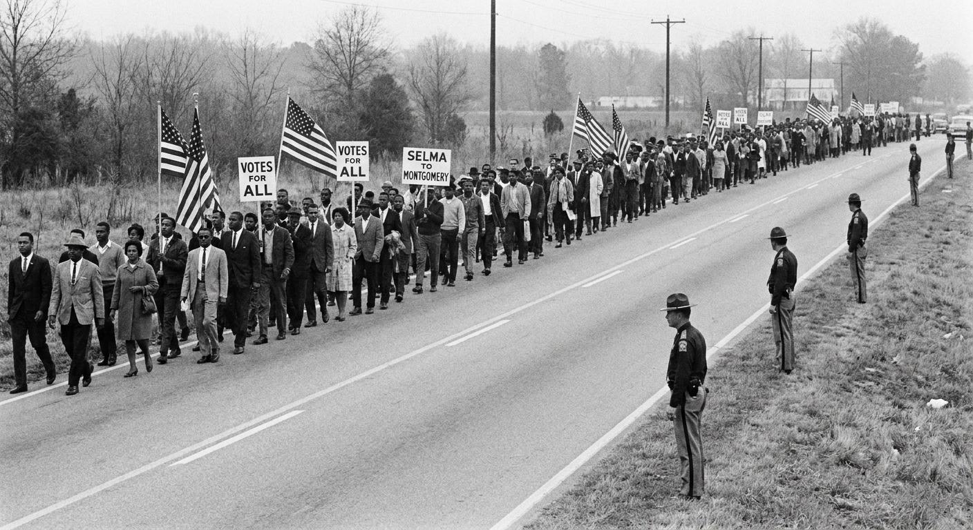 Civil rights marchers walking along an Alabama highway during the Selma to Montgomery march in March 1965, news photography style